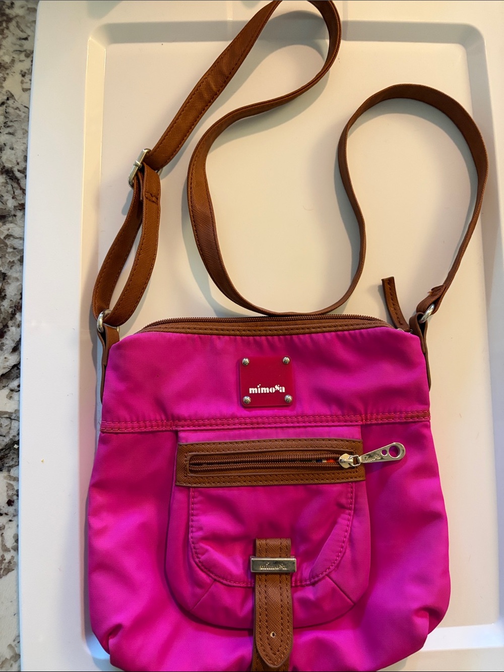 Mimosa Fuchsia Crossbody Bag with Brown Trim